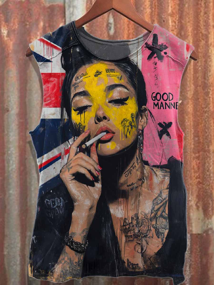 Retro Graffiti Print Casual Cotton Tank Top