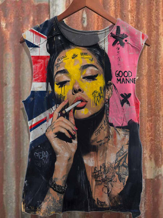 Retro Graffiti Print Casual Cotton Tank Top