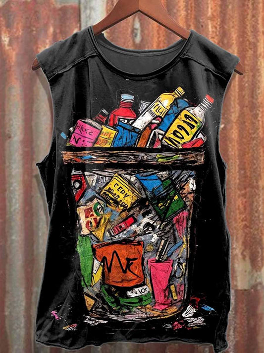 Retro Graffiti Print Loose Cotton Tank Top