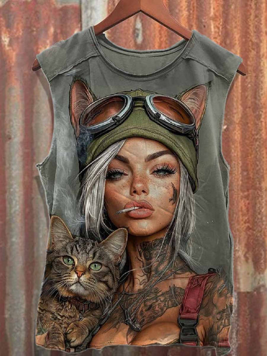 Retro Graffiti Print Loose Cotton Tank Top