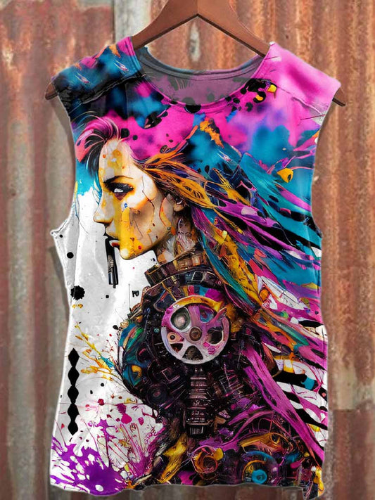 Retro Graffiti Print Loose Cotton Tank Top