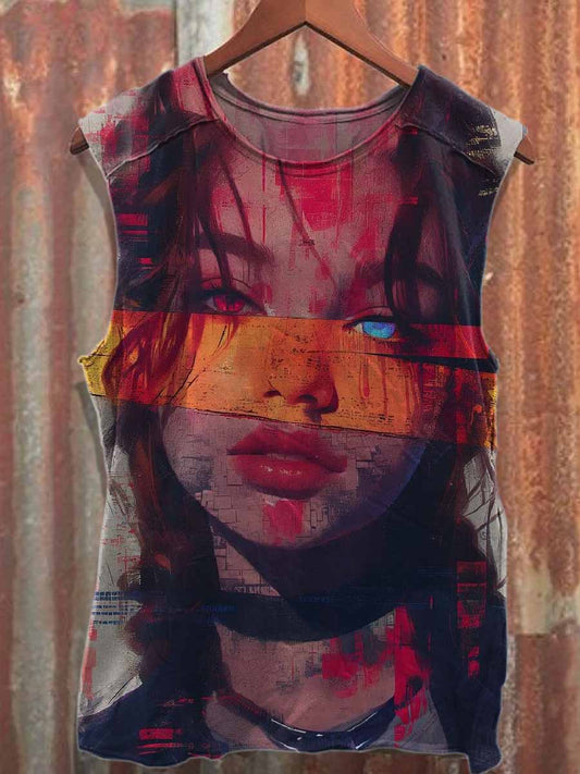 Retro Graffiti Print Loose Cotton Tank Top