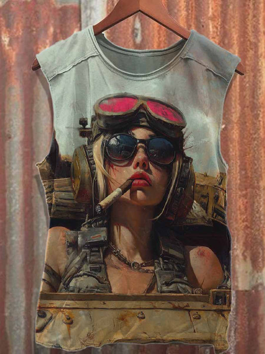 Retro Graffiti Print Loose Cotton Tank Top