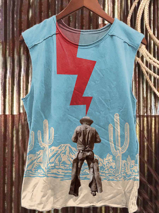 Vintage Western Cowboy Print Loose Cotton Tank Top