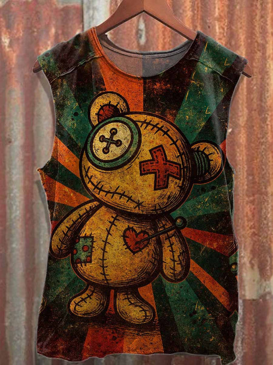 Scary Doll Print Loose Cotton Tank Top