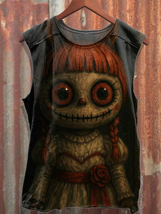 Scary Doll Print Loose Cotton Tank Top