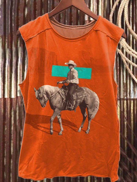 Vintage Western Cowboy Print Loose Cotton Tank Top