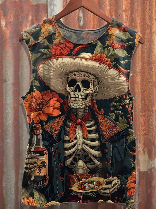 Retro Undead Skull Print Loose Cotton Tank Top