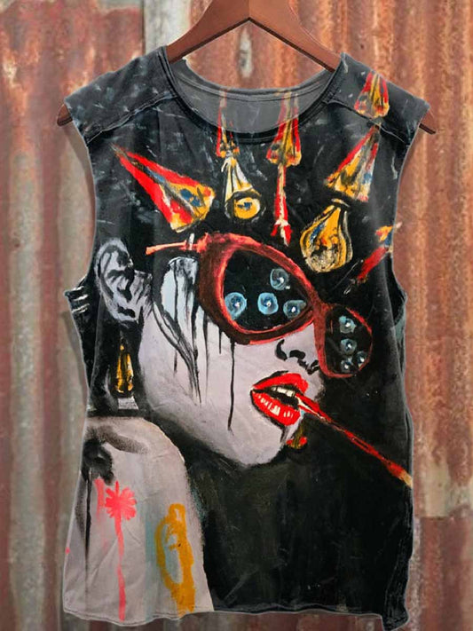 Retro Graffiti Print Loose Cotton Tank Top