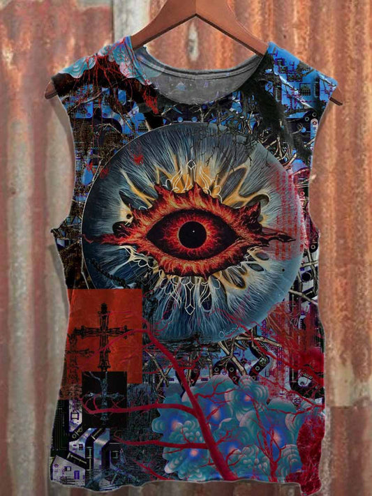 Retro Graffiti Print Loose Cotton Tank Top