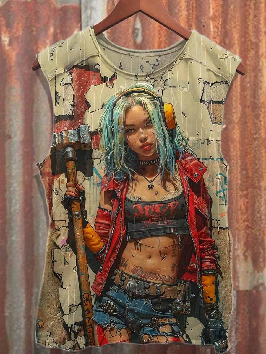 Retro Graffiti Print Casual Cotton Tank Top
