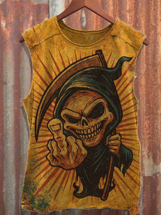 Gorgeous Skull Graffiti Print Loose Cotton Tank Top
