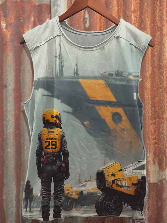 Future Technology Print Loose Cotton Tank Top