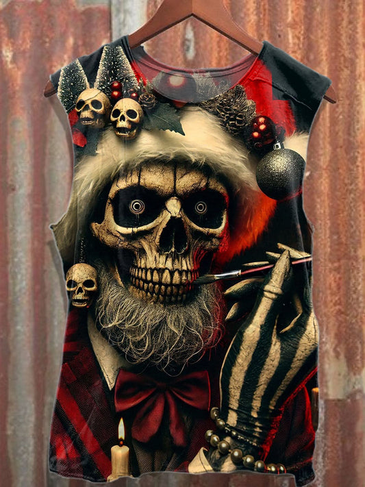 Vintage Skull Santa Claus Print Cotton Tank Top