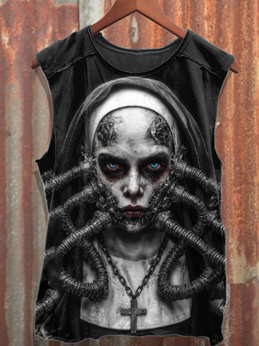 Vintage Nun Print Cotton Tank Top