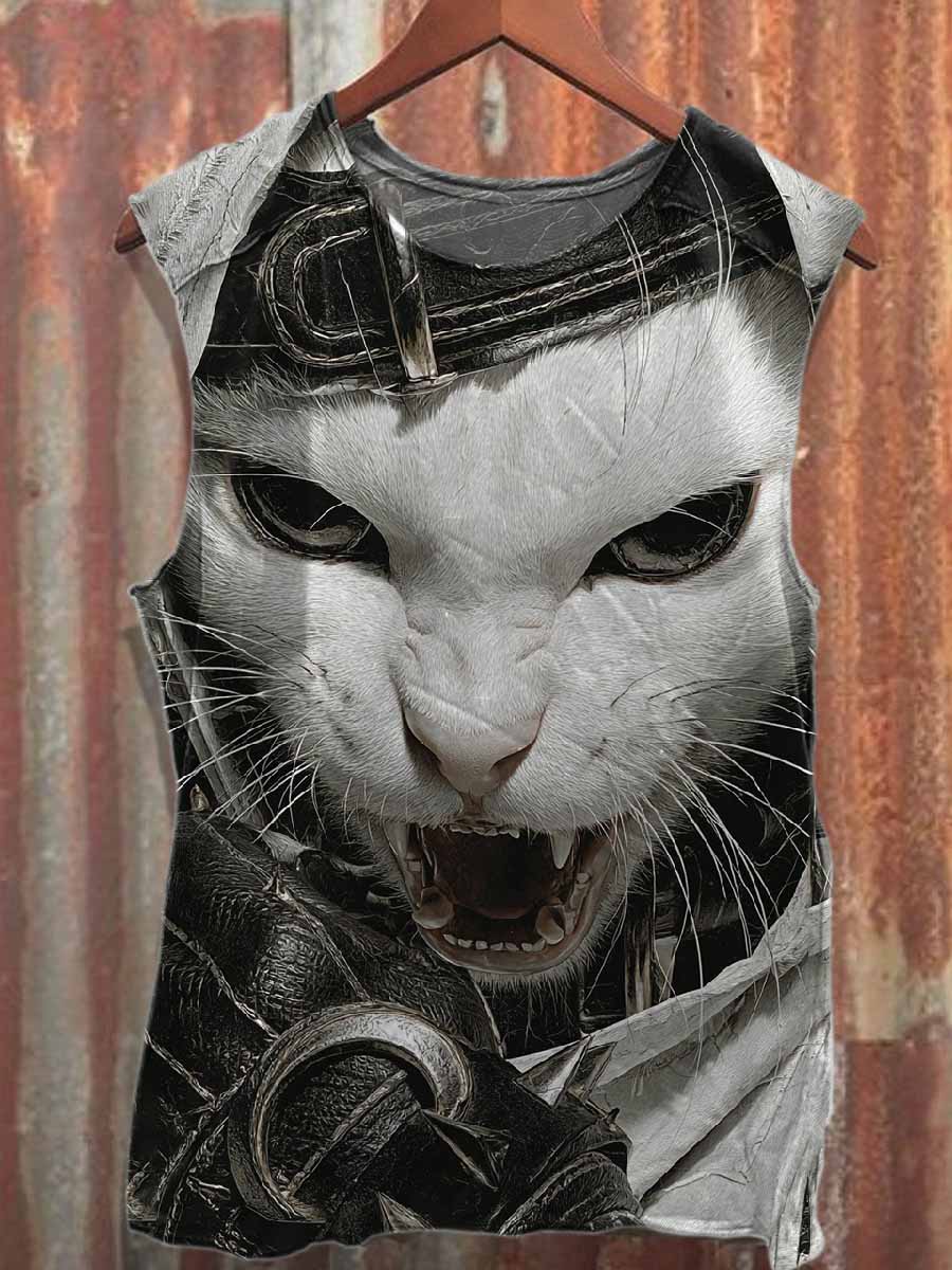 Retro Cat Warrior Printed Loose Cotton Tank top