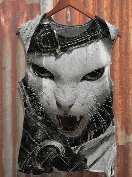 Retro Cat Warrior Printed Loose Cotton Tank top
