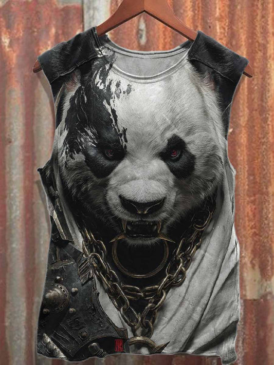 Retro Panda Warrior Printed Loose Cotton Tank top