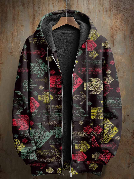 Retro Abstract Geometric Pattern Printed Casual Hooded Coat