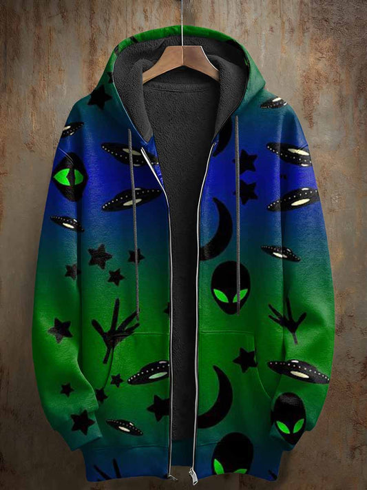 Retro Gradient Color Space Pattern Printed Casual Hooded Coat