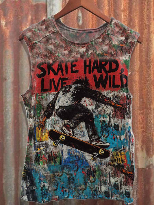 Retro Graffiti Print Casual Loose Cotton Tank Top