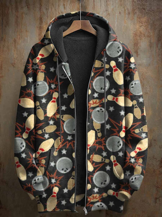 Retro Bowling Pattern Printed Casual Hooded Coat