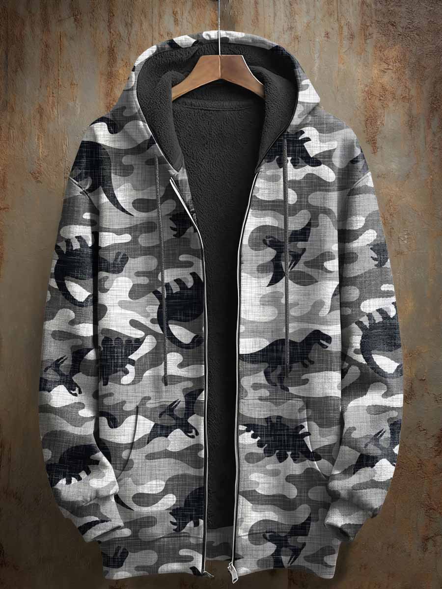 Retro Abstract Dinosaur Pattern Printed Casual Hooded Coat