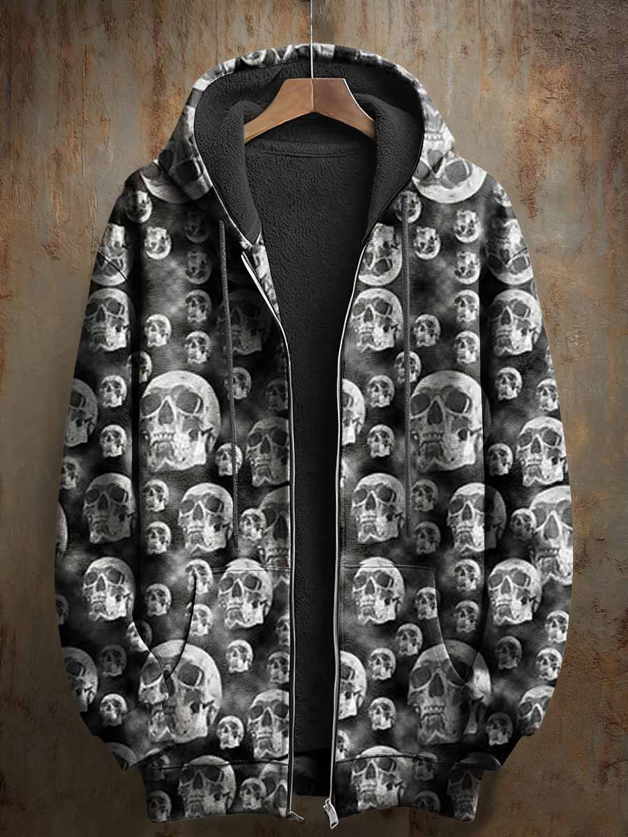 Retro Skull Pattern Printed Casual Hooded Coat