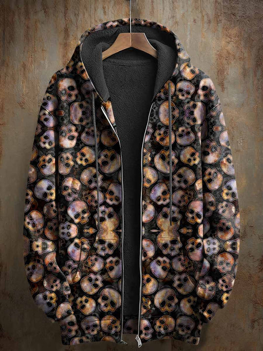 Retro Skull Art Pattern Casual Hooded Coat