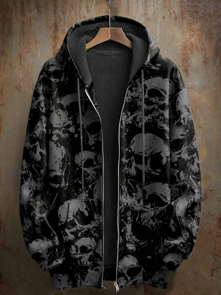 Retro Skull Art Pattern Casual Hooded Coat