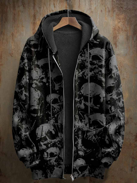 Retro Skull Art Pattern Casual Hooded Coat