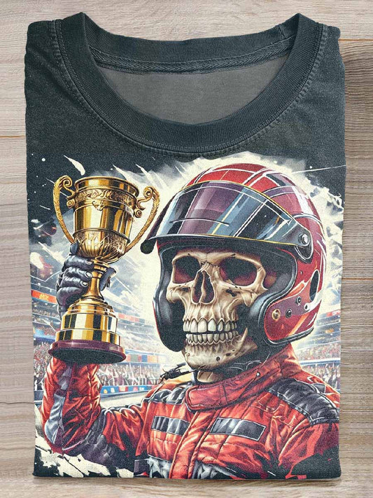 Retro Skull Racing Driver Print Casual Loose T-Shirt