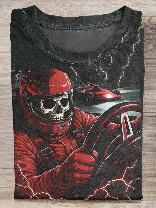Retro Skull Racing Driver Print Casual Loose T-Shirt