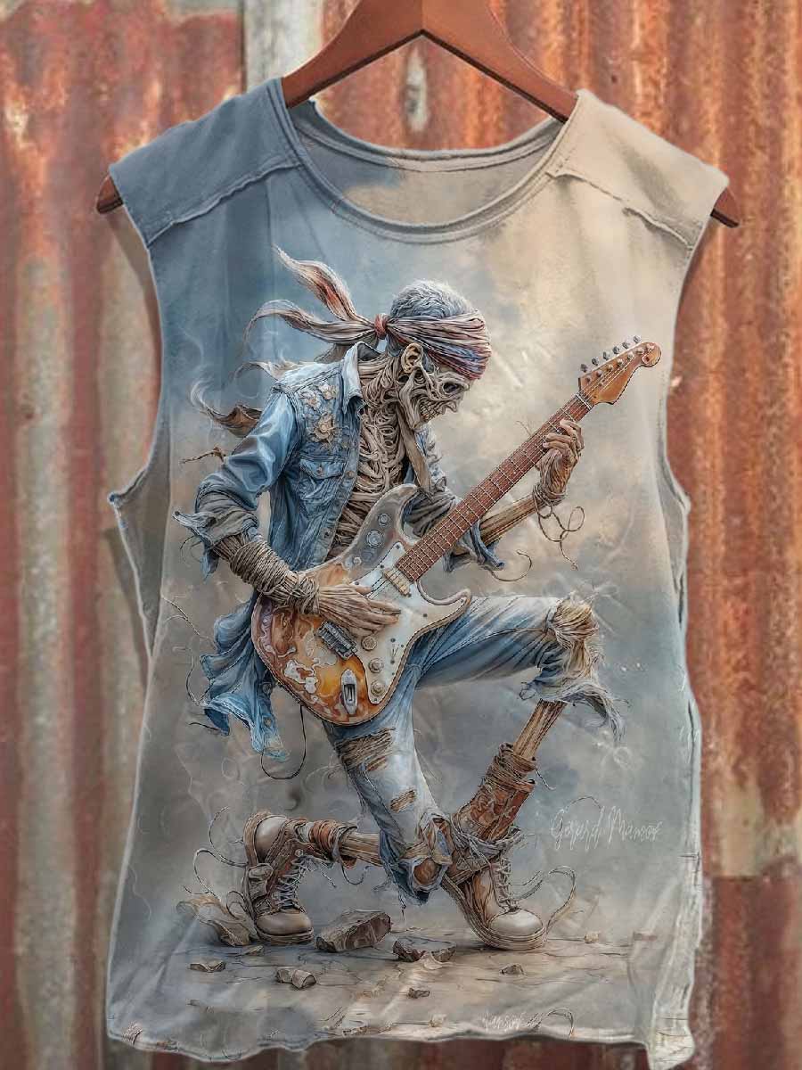 Retro Graffiti Skull Print Loose Cotton Tank Top
