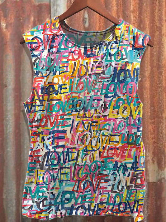 Retro Graffiti Print Loose Cotton Tank Top