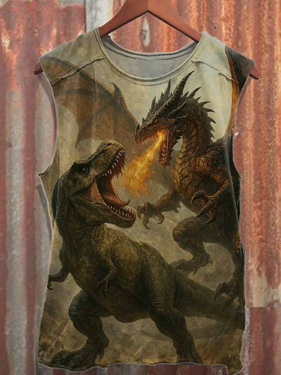 Retro Dinosaur Print Loose Cotton Tank Top