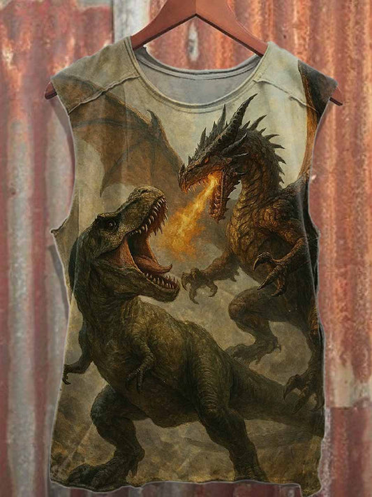 Retro Dinosaur Print Loose Cotton Tank Top