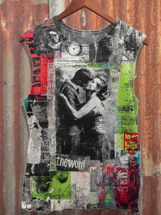 Retro Graffiti Print Loose Cotton Tank Top