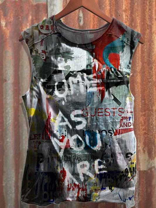 Retro Graffiti Print Loose Cotton Tank Top