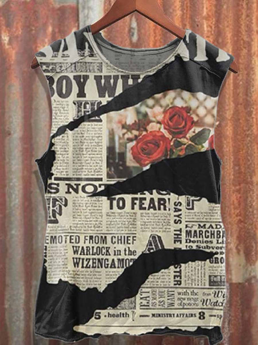 Retro Graffiti Print Loose Cotton Tank Top