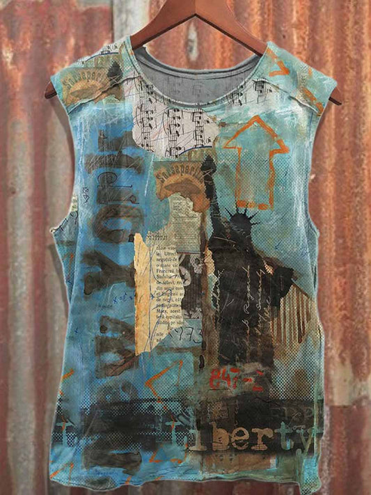 Retro Graffiti Print Loose Cotton Tank Top