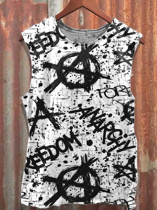 Retro Graffiti Print Loose Cotton Tank Top