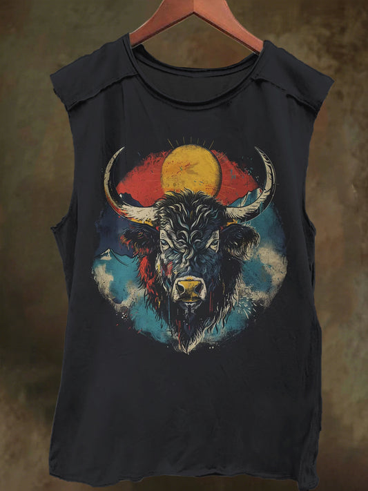 Sunset Highland Cow Print Casual Cotton Tank Top