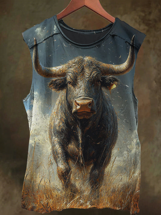 Highland Cow Printed Casual Cotton Vest Under White Clouds