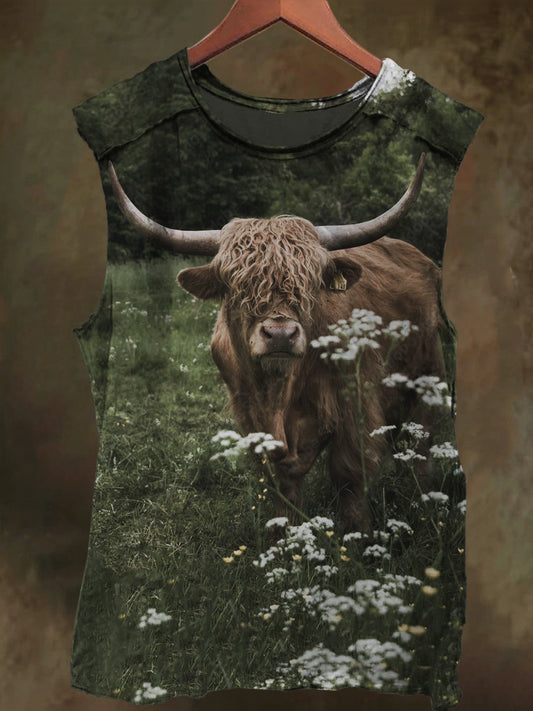 Grassy Highland Cow Print Casual Cotton Tank Top