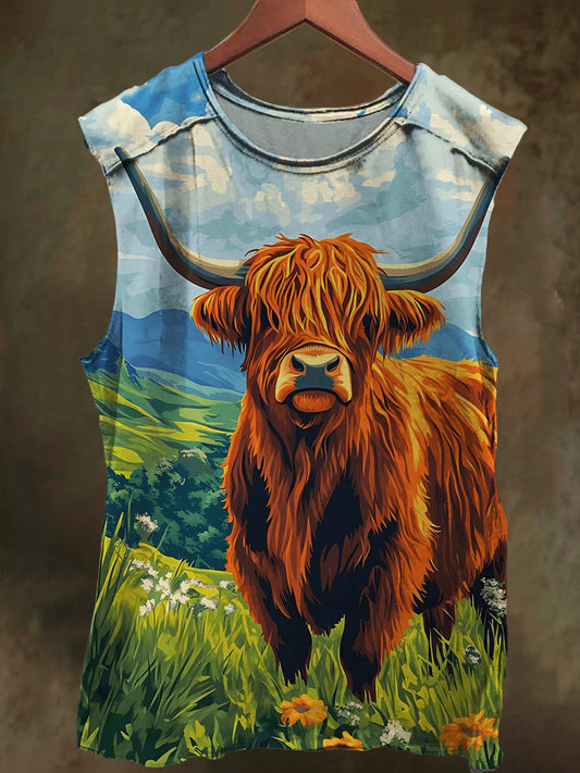 Highland Cow Print Casual Cotton Tank Top with Blue Sky and White Clouds