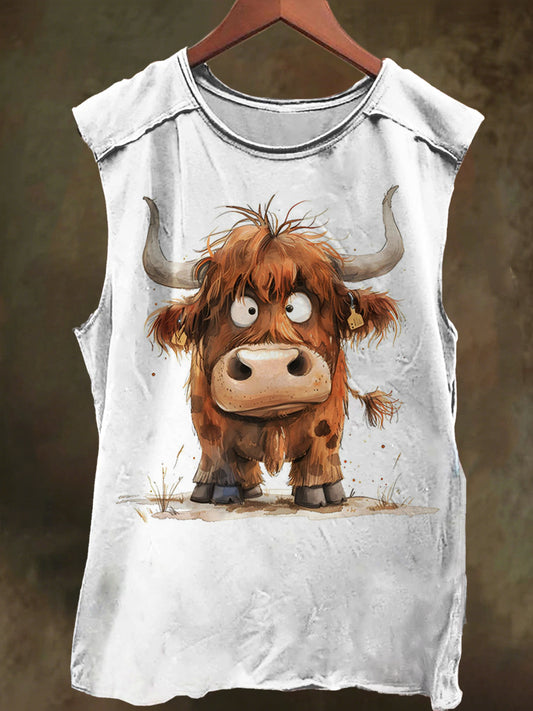 Highland Cattle in the Pasture Print Casual Cotton Tank Top
