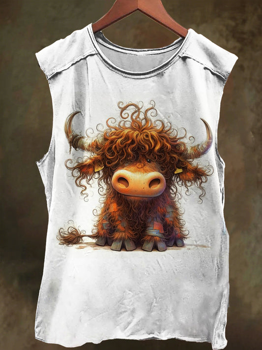 Raging Highland Cow Print Casual Cotton Tank Top