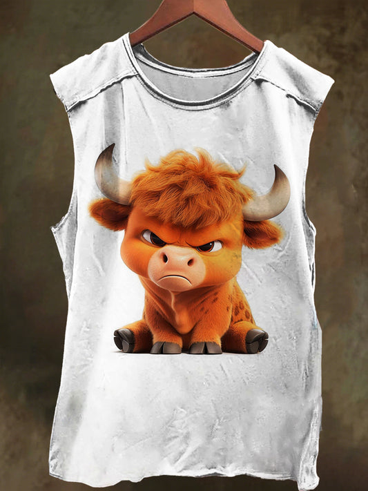 Raging Highland Cow Print Casual Cotton Tank Top