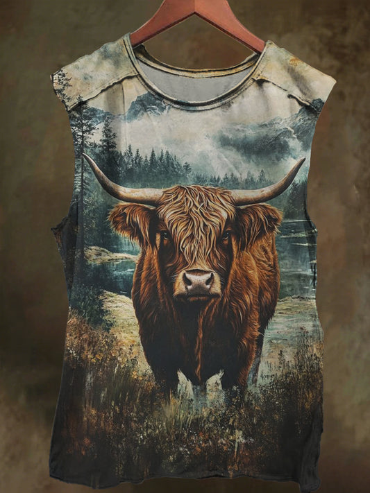 Prairie Upland Cow Print Casual Cotton Tank Top